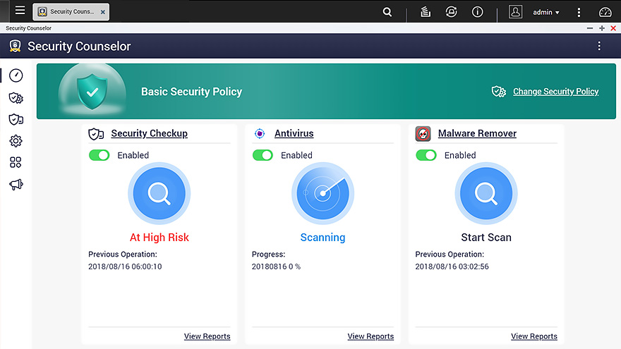 NAS security portal Security Counselor checks for weaknesses and offers recommendations for users to protect their TS-431P3. It also integrates anti-virus and anti-malware software to ensure comprehensive data protection.