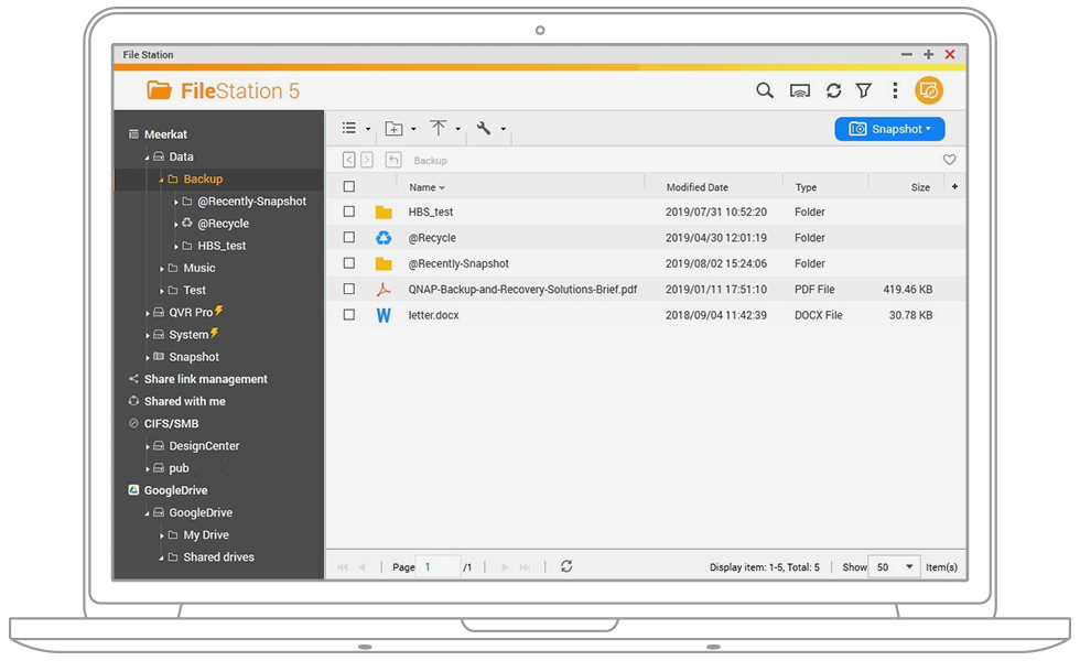 File Station   Manage, access, and share all the files in the NAS and view snapshots files – all from your web browser. You can also easily mount remote NAS folders and cloud storage. Learn More: File Station