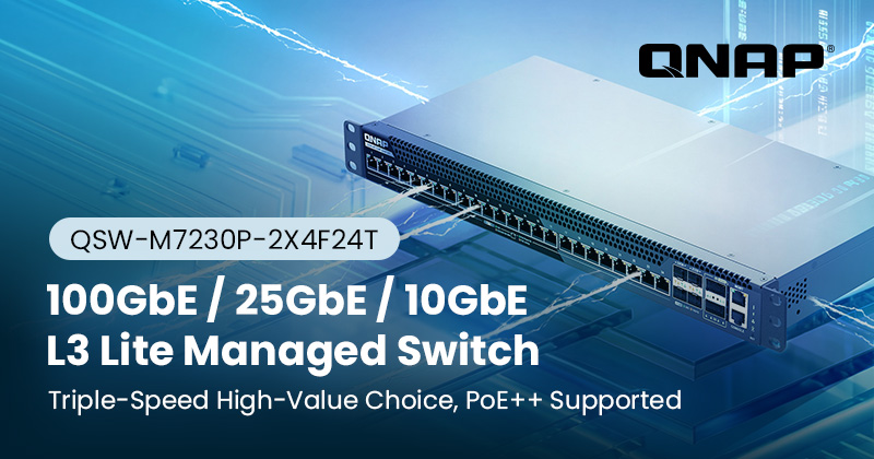 Switch QNAP QSW-M7230P-2X4F24T với kết nối 100GbE và 24 cổng 10GbE PoE++